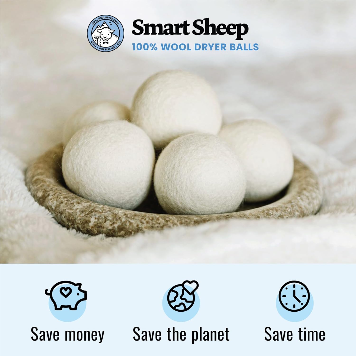 Smart Sheep Wool Dryer Balls - 6-Pack - XL Premium Natural Fabric Softener Award-Winning - Wool