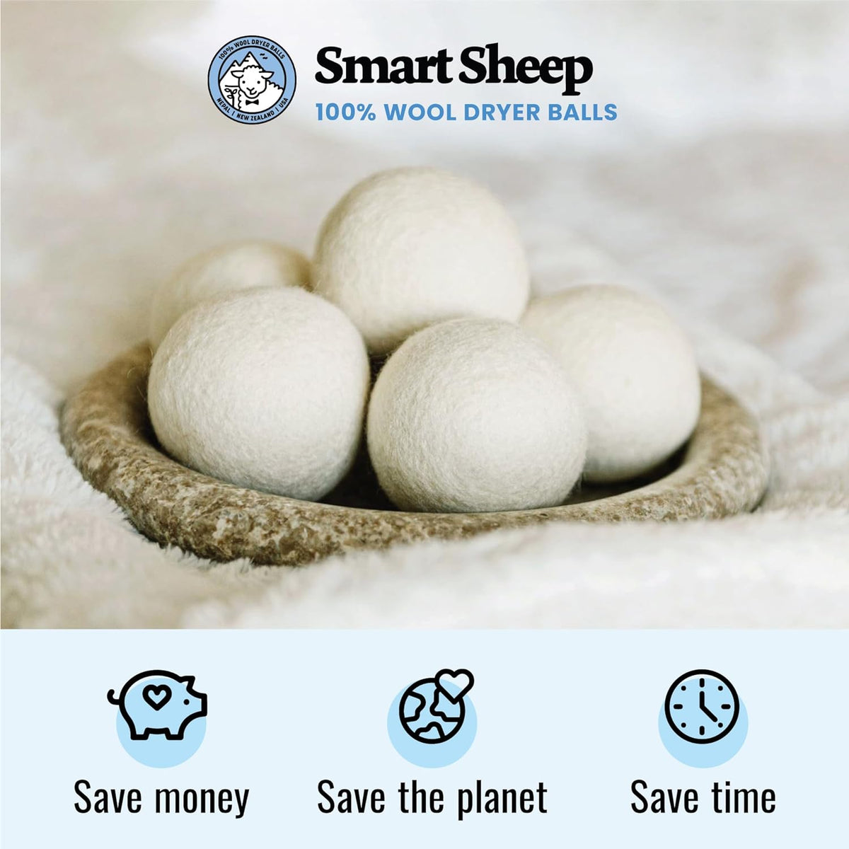 Smart Sheep Wool Dryer Balls - 6-Pack - XL Premium Natural Fabric Softener Award-Winning - Wool