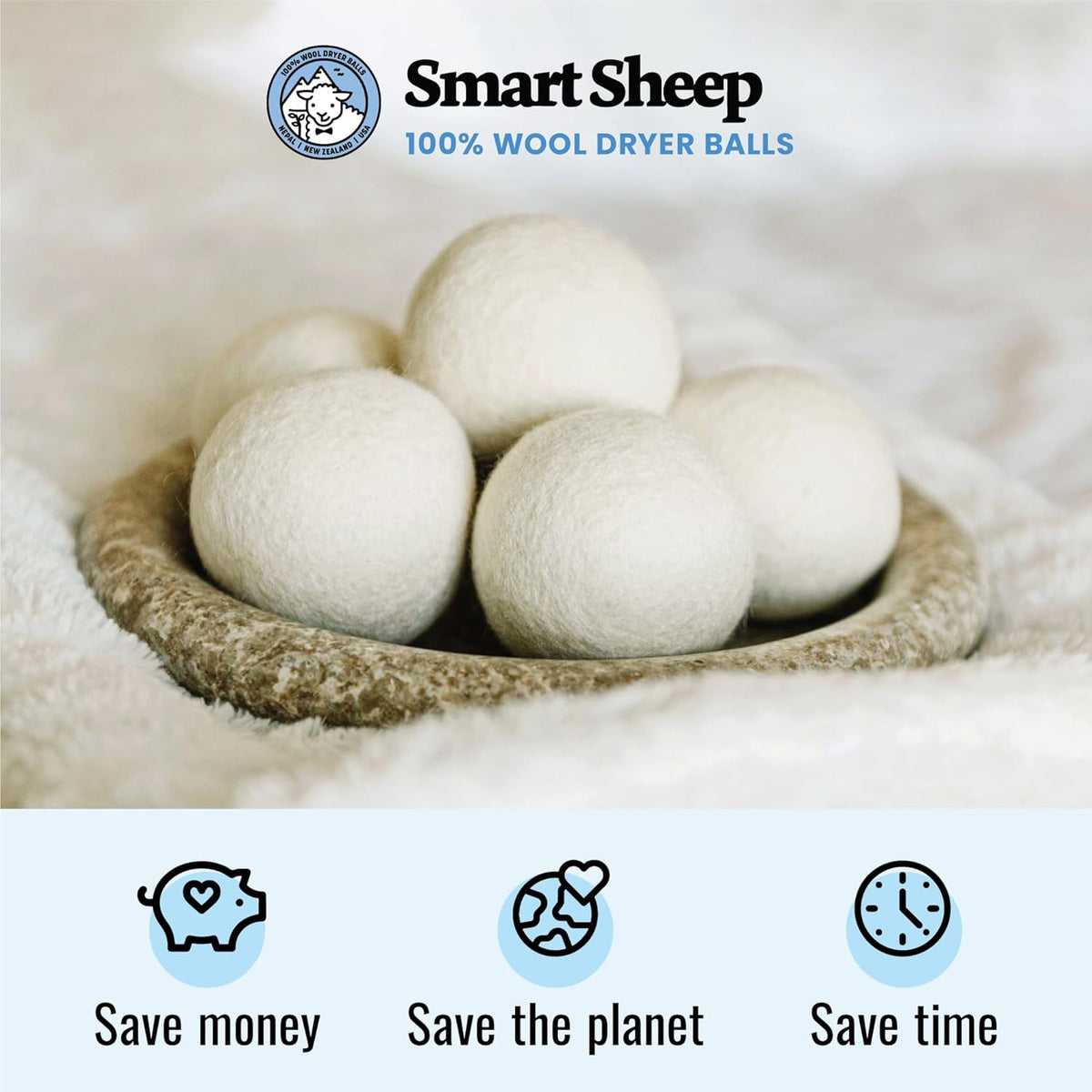 Smart Sheep Wool Dryer Balls - 6-Pack - XL Premium Natural Fabric Softener Award-Winning - Wool