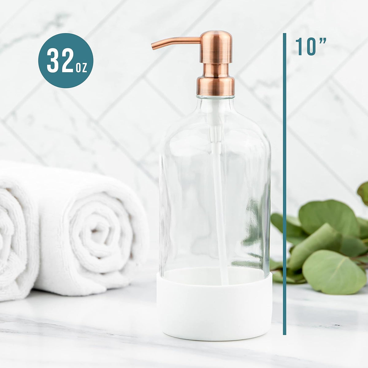 32 oz Glass Pump Bottle Rustproof Stainless Steel Pump, Funnel, and Lids. Modern Farmhouse Vintage