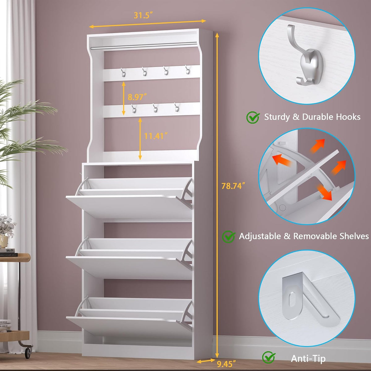 Shoe Cabinet with 3 Flip Drawers & Coat Rack, Narrow Hidden Shoe Storage Cabinet, 2-in-1 Hall Tree