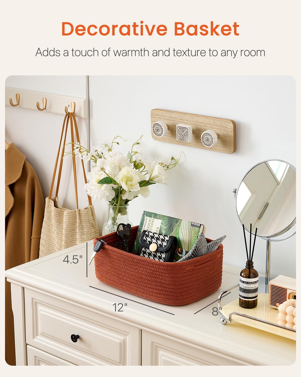 Small Woven Basket, 12 x 8 x 4.5 Inches, Storage Basket for Organizing, Cute Small Rope Shelf