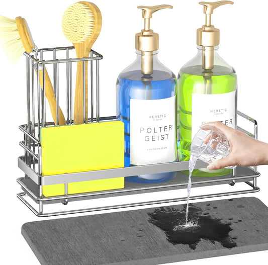 Yofidra Sink Caddy with Stone Drying Tray: Stainless Steel Soap Dispenser Kitchen Sink Organizer