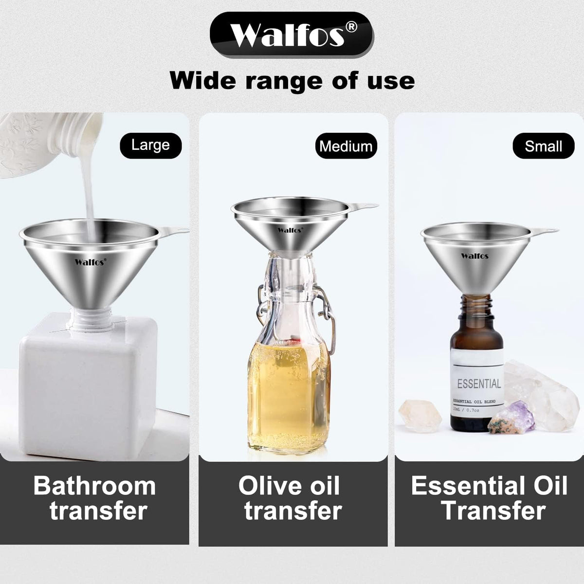 WALFOS Mini Stainless Steel Funnels, Multi-use Small Kitchen Funnel Set, for Transferring Liquid