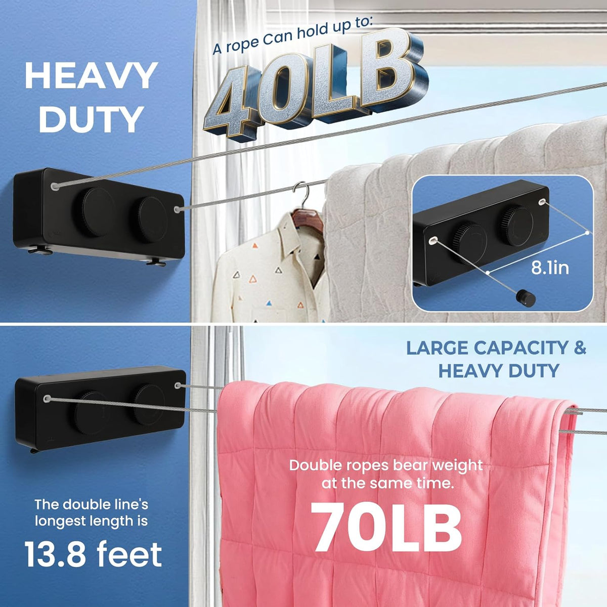 Retractable Clothesline Indoor Outside Heavy-Duty, Upgrade 304 Double Stainless Steel Shower Room