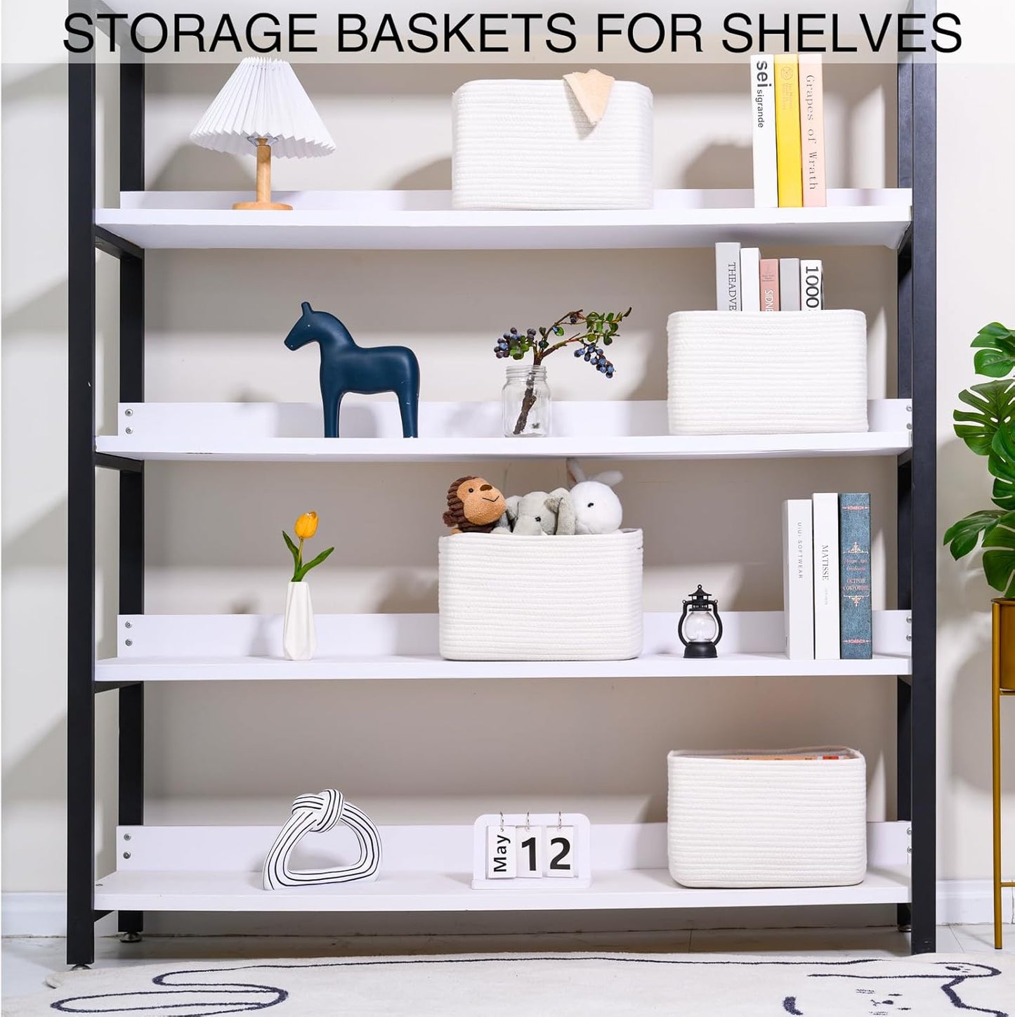 White Storage Baskets for Organizing, Woven Storage Baskets for Shelves, Cotton Rope Basket for