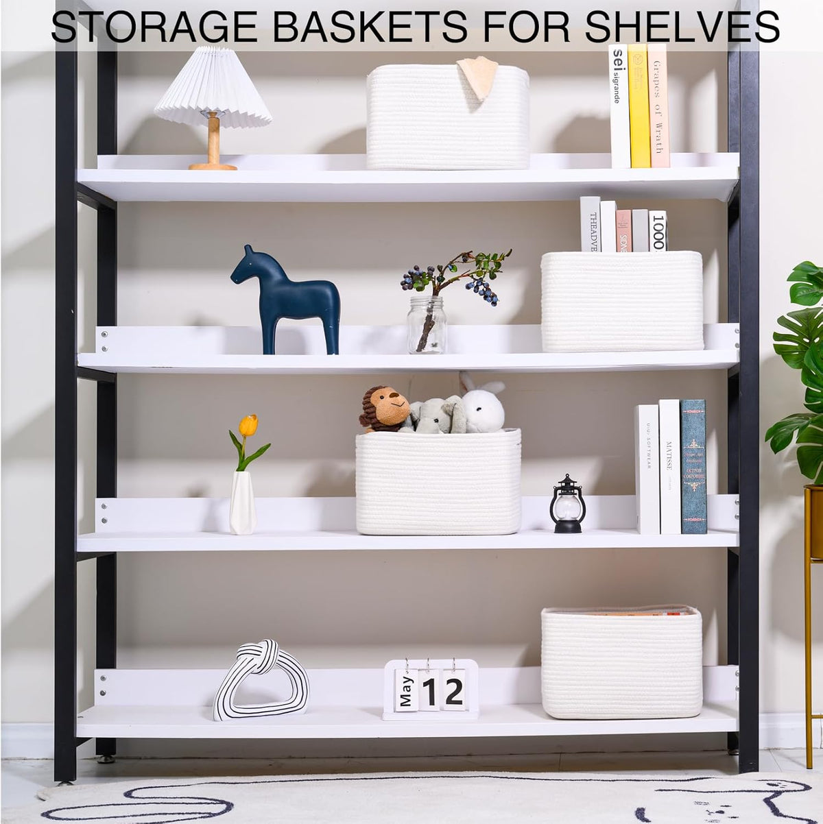 White Storage Baskets for Organizing, Woven Storage Baskets for Shelves, Cotton Rope Basket for