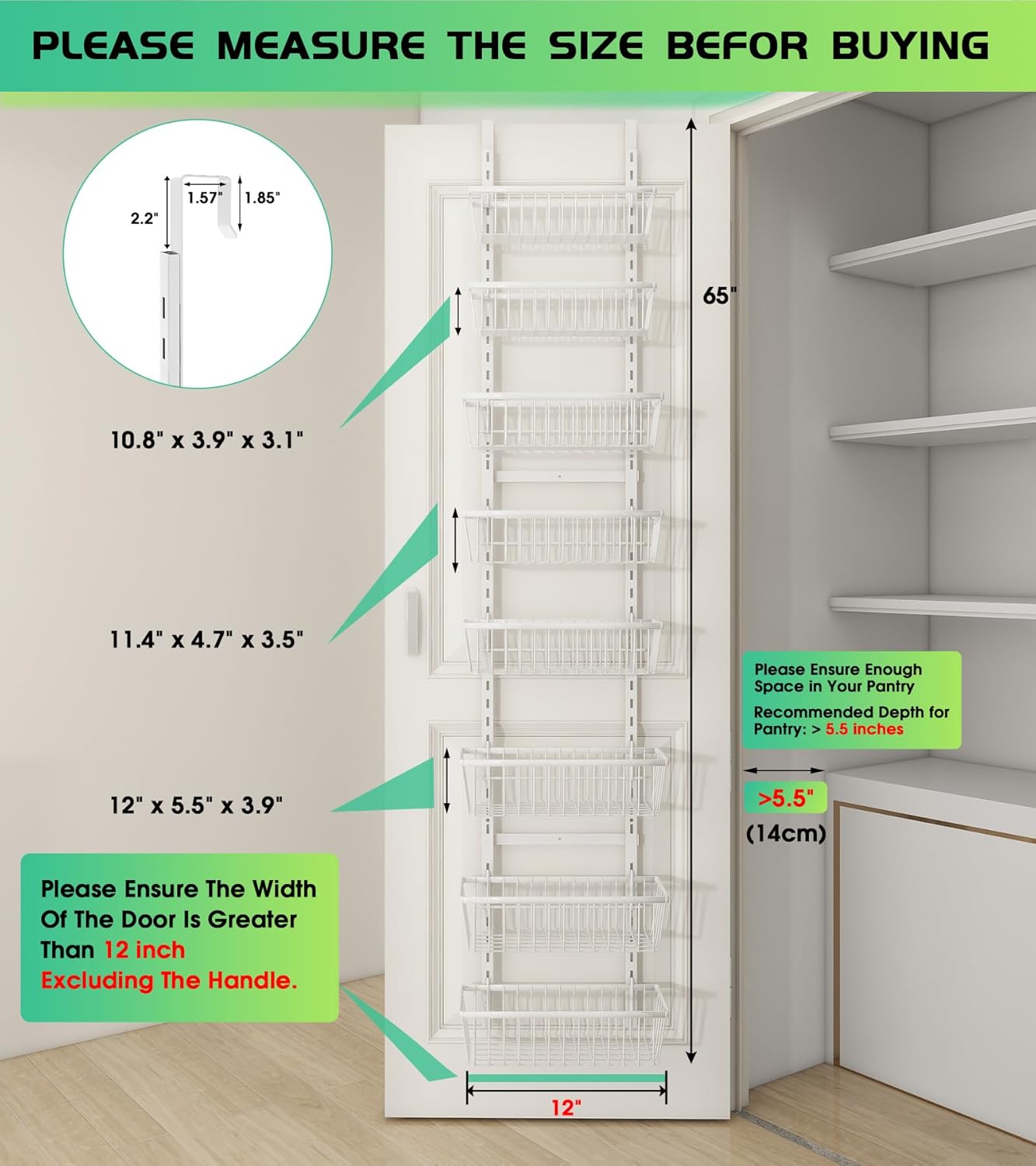 White 12 Inch Wide Narrow Over The Door Pantry Organizer, Pantry Organization and Storage, 8-Tier