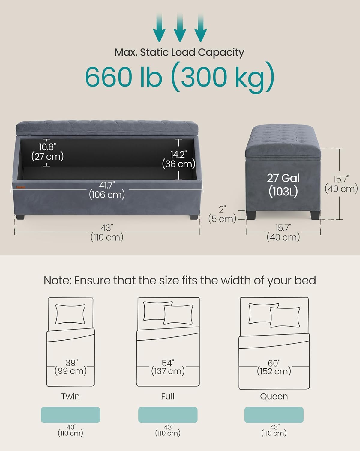 SONGMICS Velvet Storage Ottoman Bench, Foot Rest with Legs, 15.7 x 43 x 15.7 Inches, End of Bed