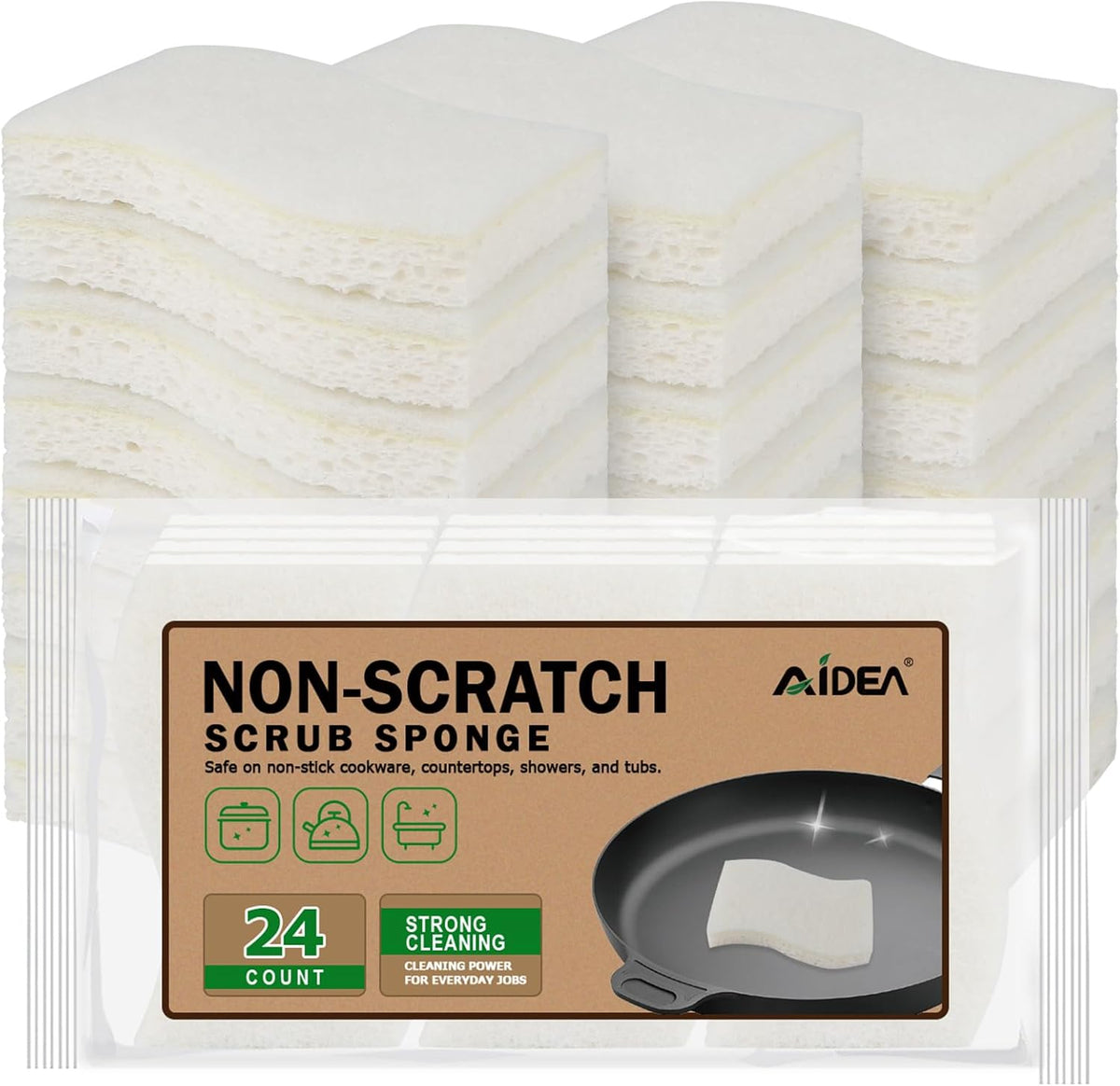 AIDEA Non-Scratch Scrub Sponge-24Count, Sponges Kitchen, Natural Sponge for Non-Stick Cookware