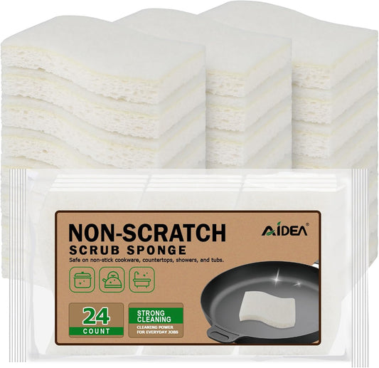 AIDEA Non-Scratch Scrub Sponge-24Count, Sponges Kitchen, Natural Sponge for Non-Stick Cookware
