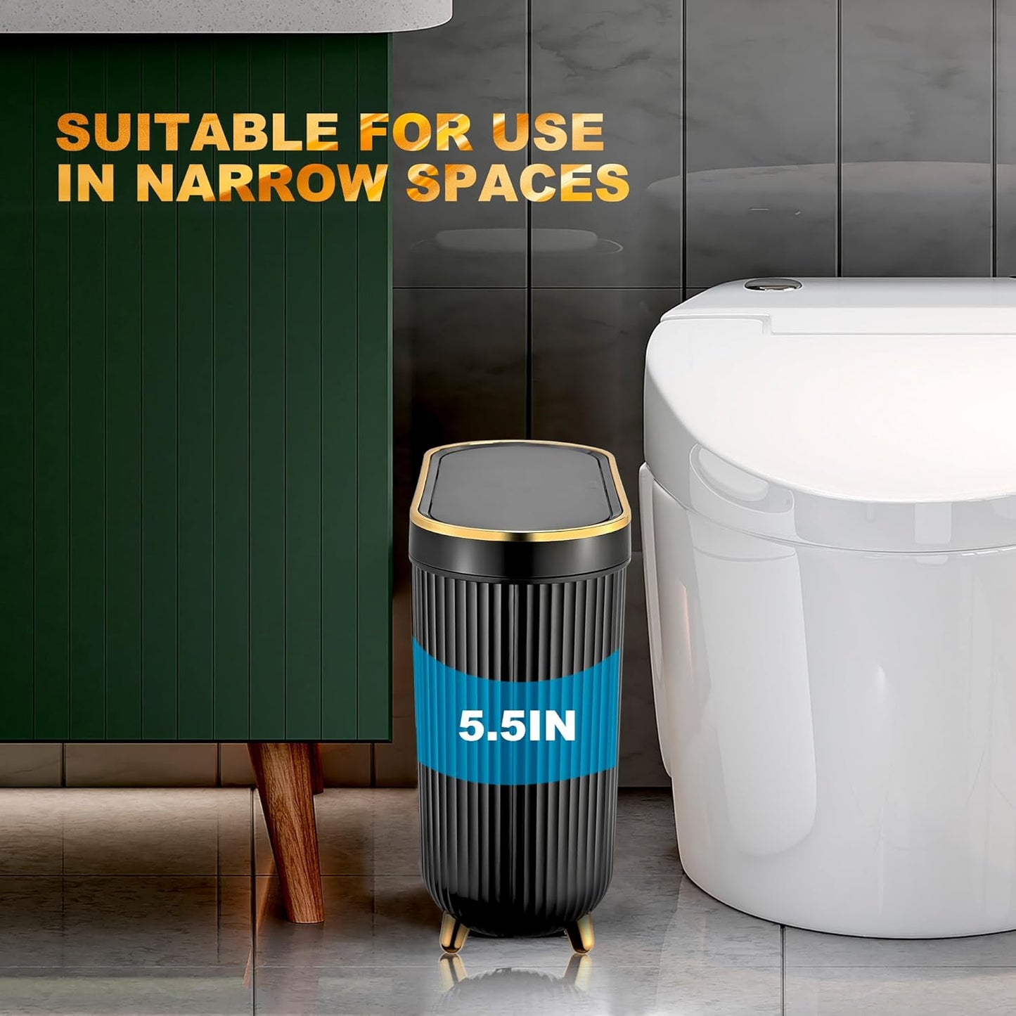 Bathroom Trash Can with Lid 3.1 Gallon Narrow Trash Can Small Plastic Trash Bin 12 Liter