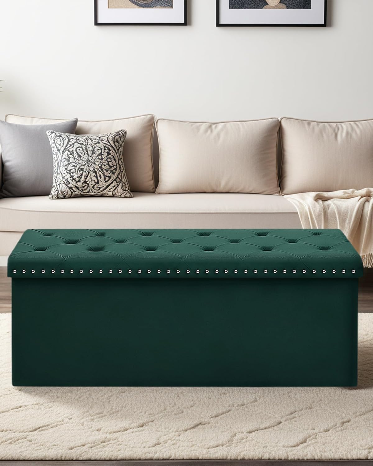 Velvet Storage Ottoman Bench, 43.3" Folding Ottoman with Rivet Trim, Heavy-Duty Upholstered