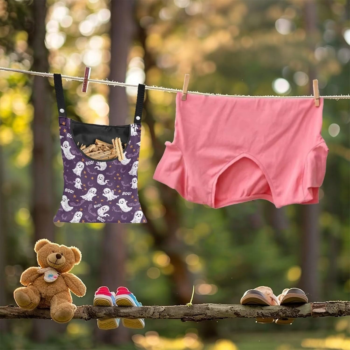 Cute Ghost Clothespin Storage Hanger Bags Laundry Clothespin Bag with a Large Opening, Hanging