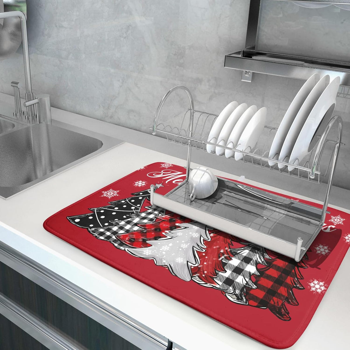Merry Christmas Dish Drying Mats for Kitchen Counter 18x24 Inch Christmas Tree Snowflake Mat Xmas