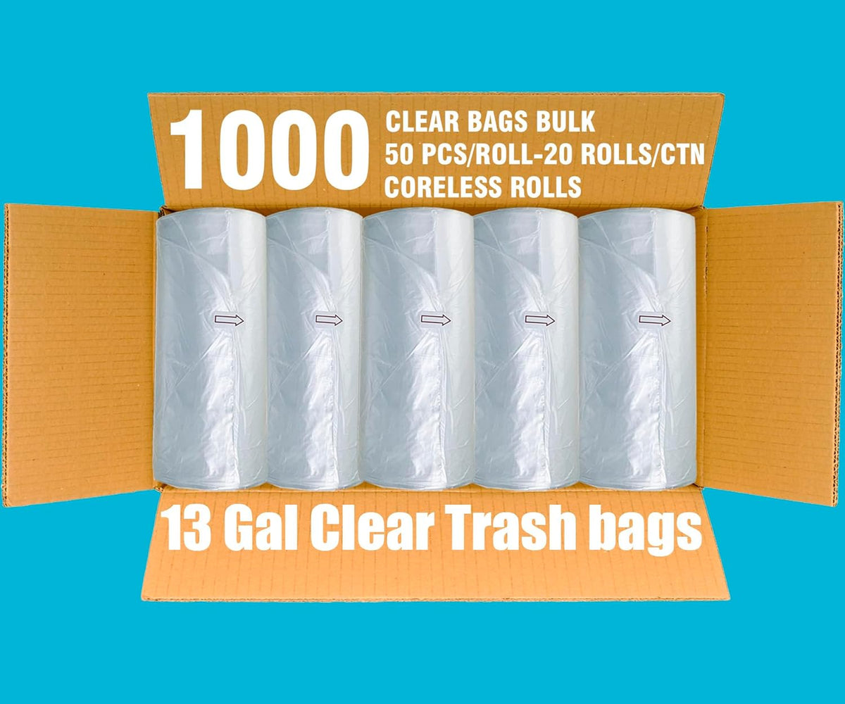 Trash Bags 13 Gallon, 1000 Count Bulk Value Pack, Clear Plastic Recycling Garbage Bags