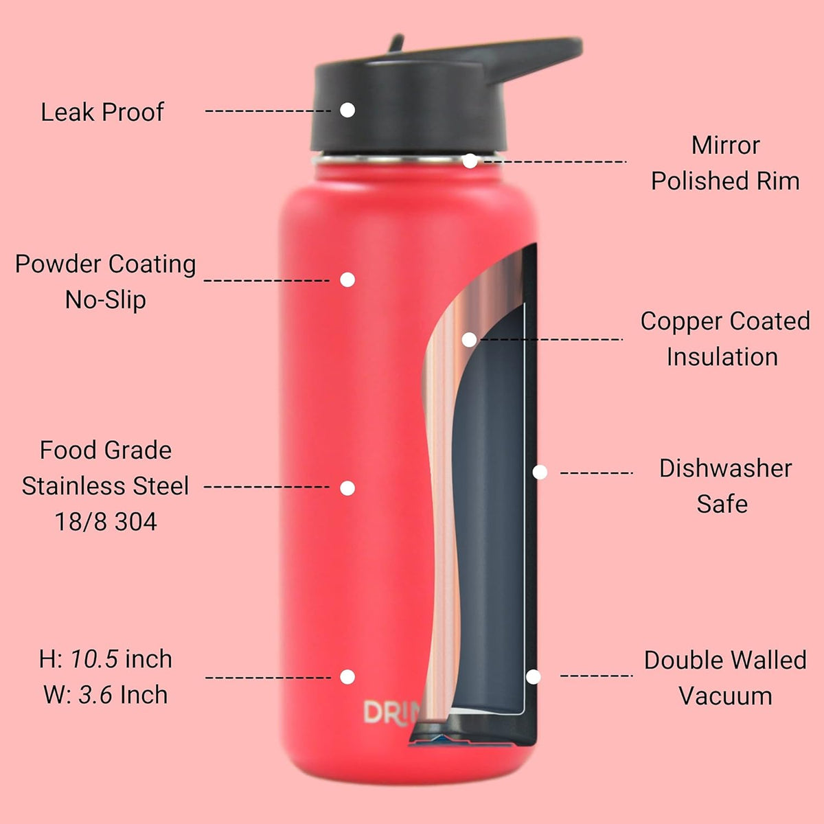 DRINCO Stainless Steel Water Bottle Spout Lid Vacuum Insulated Double Wall Water Bottle Wide Mouth