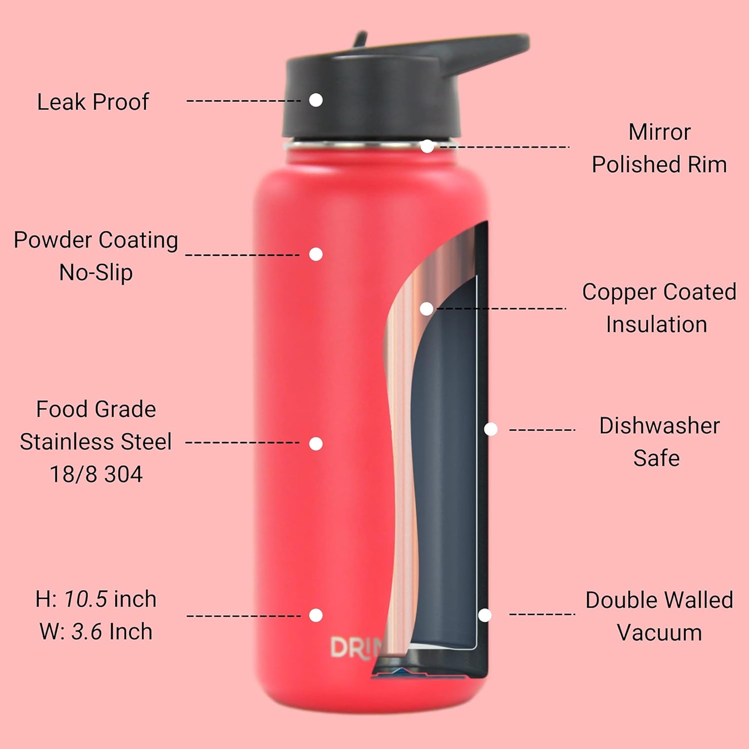 DRINCO Stainless Steel Water Bottle Spout Lid Vacuum Insulated Double Wall Water Bottle Wide Mouth