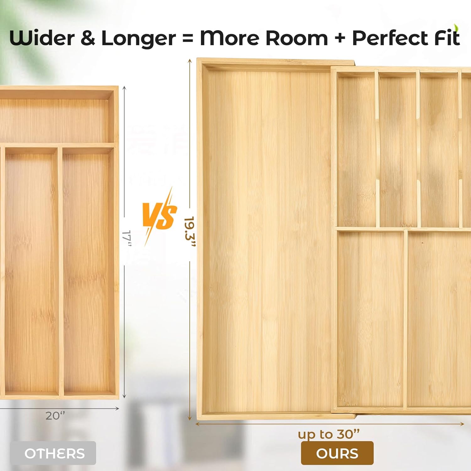 Fabsome Silverware Organizer for Cabinet Drawer, Expandable from 16.7'' to 30'' Wide Bamboo Wood