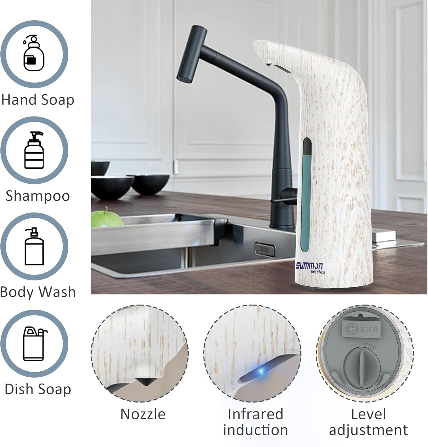 Automatic Soap Dispenser Touchless,400ML Hand & Dish Countertop Electric Liquid Dispenser with