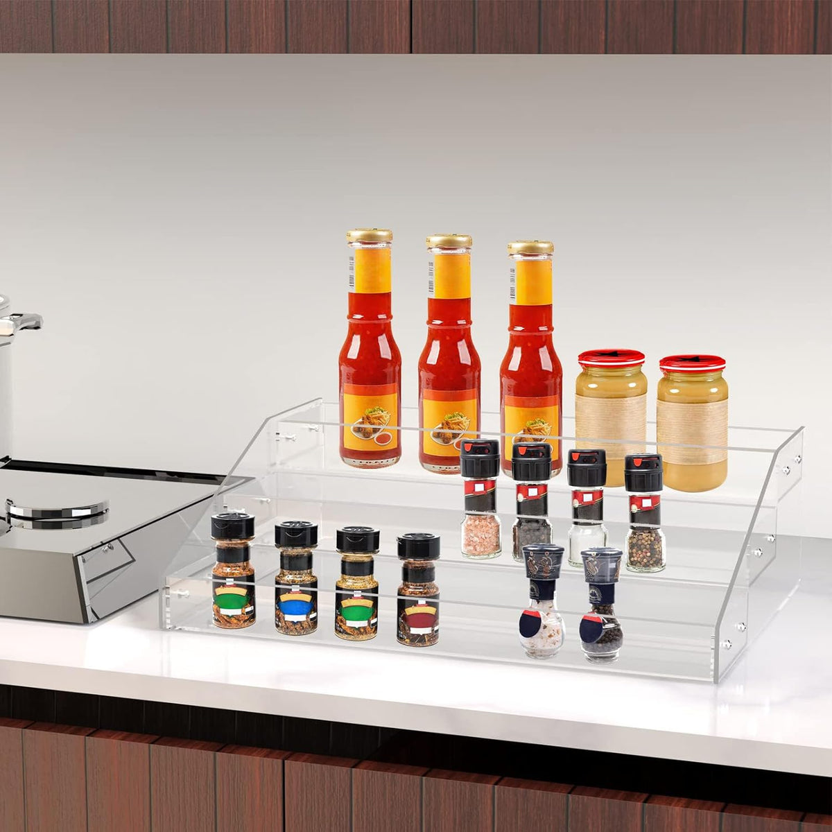 PMMASTO Widen Tiered Spice Rack, Seasoning Organizer, Clear Acrylic Vertical Shelves Can Organizer