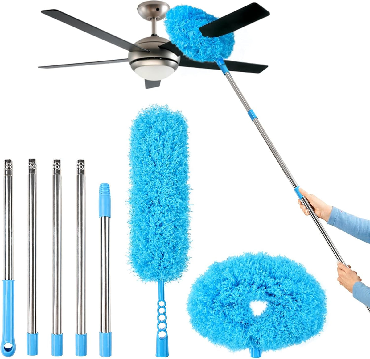 Ceiling Fan Cleaner Duster Reusable Microfiber Removable Duster with Extension Pole Adjusts 12 to