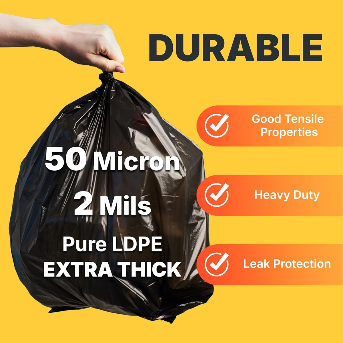 55-60 Gallon Trash Bags, 50 Micron Heavy Duty Pure LDPE Garbage Can Liners, 36" x 58" Large, Black