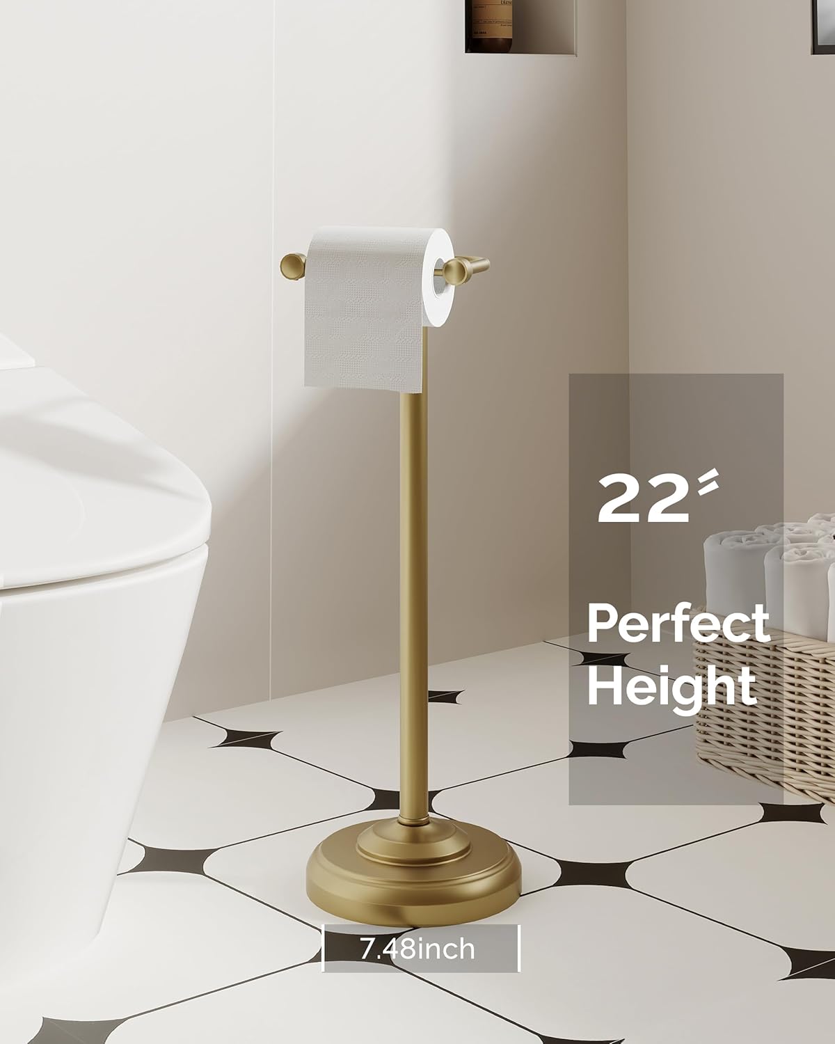 Toilet Paper Holder Stand, Brushed Brass Toilet Paper Holder Free Standing, Post Pivoting Design &
