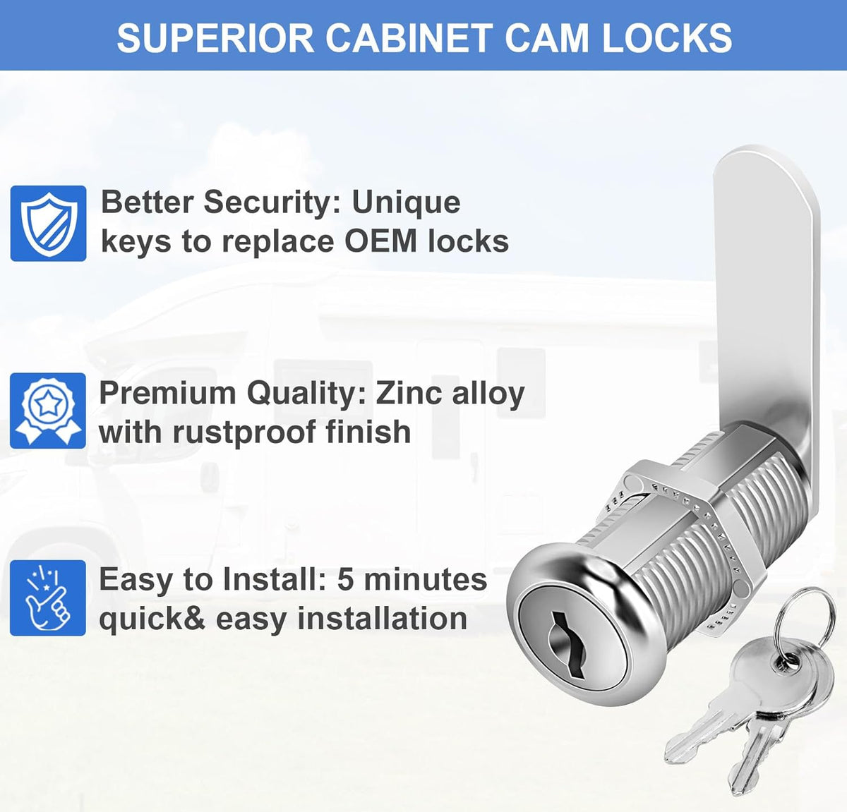 Cabinet Lock with Keys, 1-1/2" Long Cam Locks keyed Alike, Cam Lock Set for Cabinets Thick Drawers