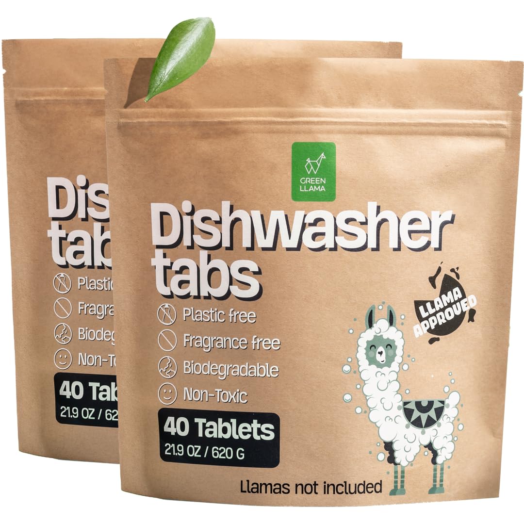 Green Llama Dishwasher Tablets (80 Count, 2 Packs): Fragrance-Free, PVA-Free, Compostable