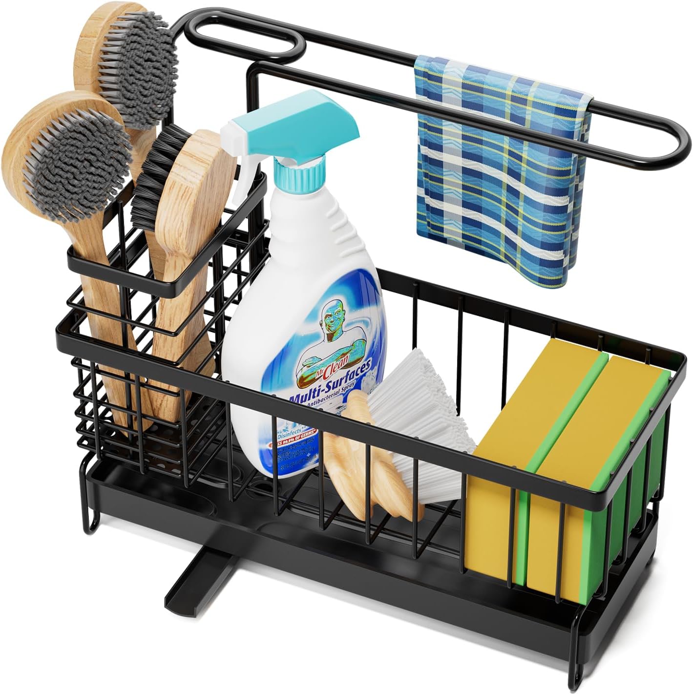 Kitchen Sink Caddy, Sponge Holder with 360 Degree Rotating Drain, Carbon Steel Organizer with High