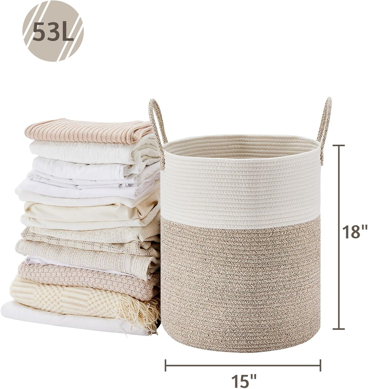 VIPOSCO Large Laundry Hamper, Tall Woven Rope Storage Basket for Blanket, Toys, Dirty Clothes in
