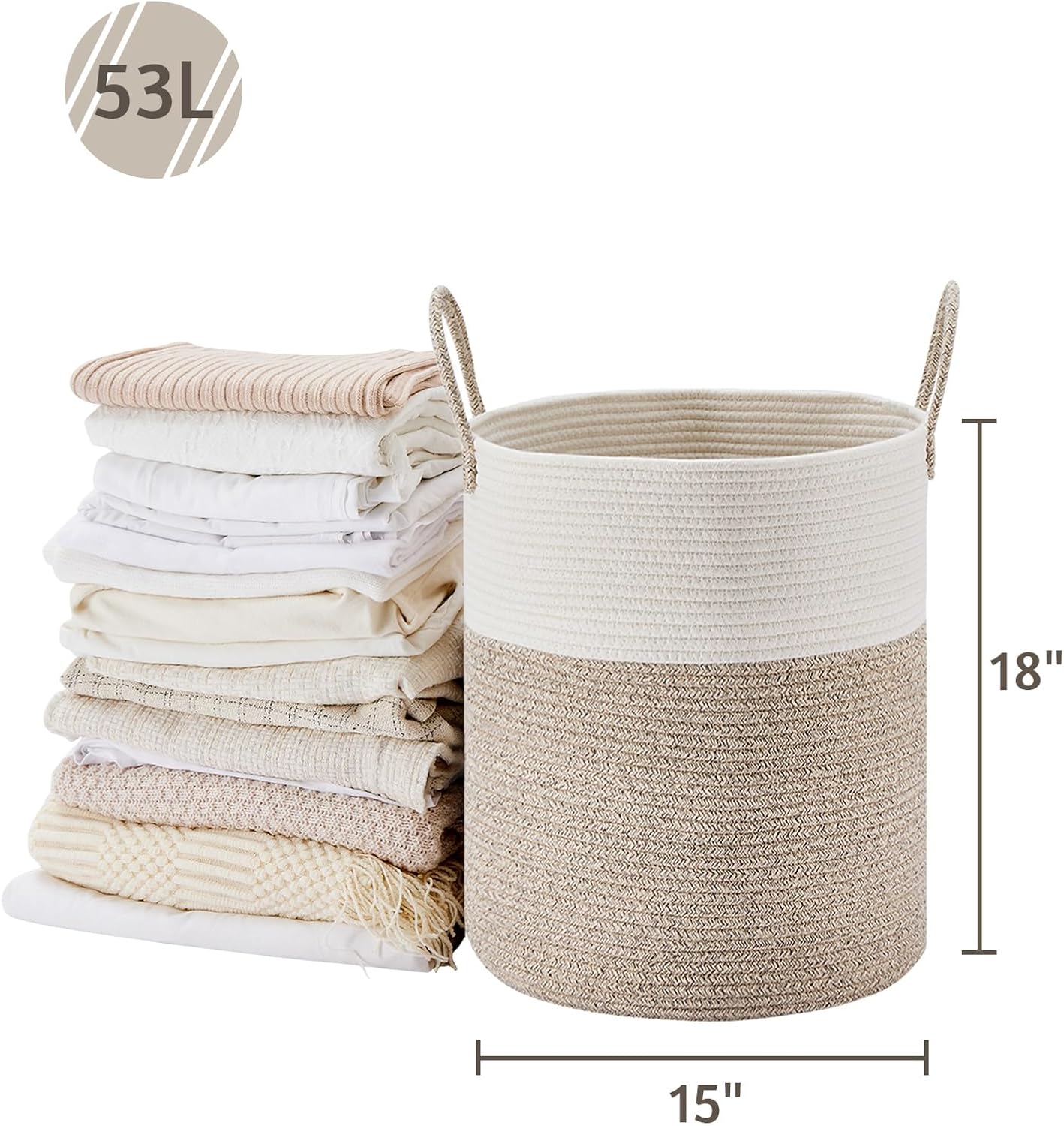 VIPOSCO Large Laundry Hamper, Tall Woven Rope Storage Basket for Blanket, Toys, Dirty Clothes in