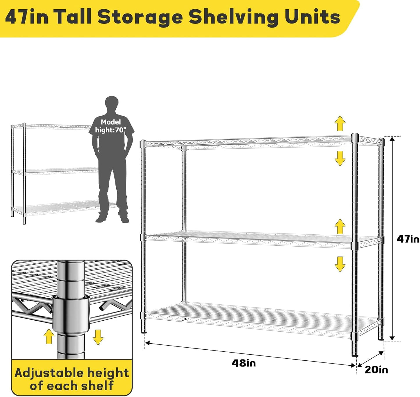 Storage Shelves, 4 PCS 48" L x 20" W x 47" H Heavy Duty Garage Wire Shelving Unit Loads 1200LBS