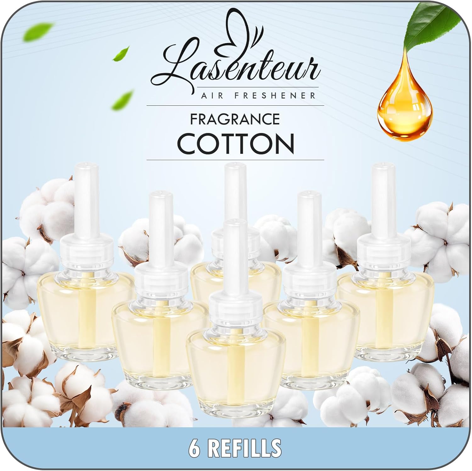LASENTEUR Plug in Scented Oil Refill, 6 ct, Cotton Scent Long-Lasting Natural Fragrance for Home