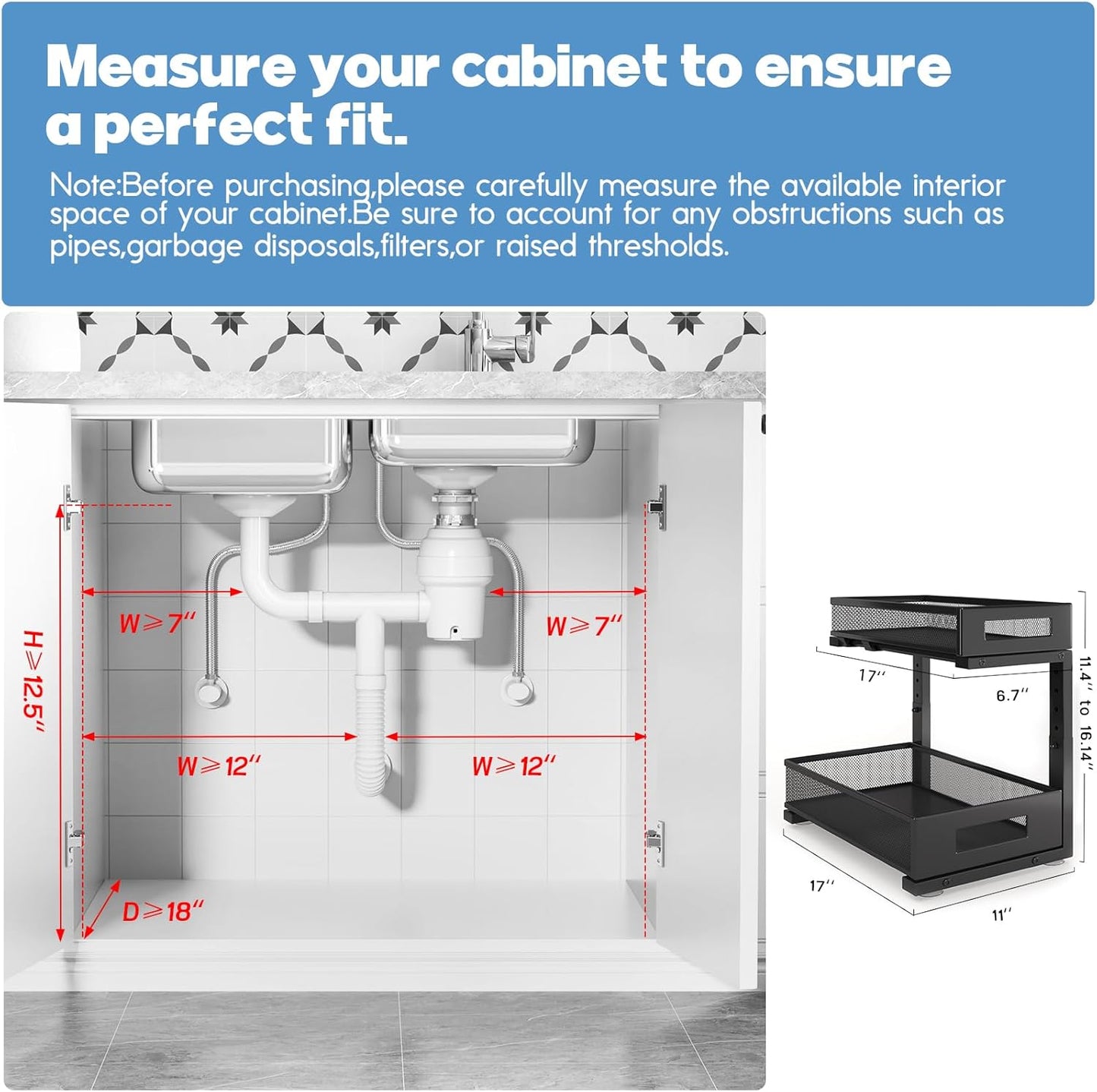 2 Pack 17IN Depth Under Sink Storage Organizer, Large 2-Tier Elegant Mesh Pull Out Shelf for
