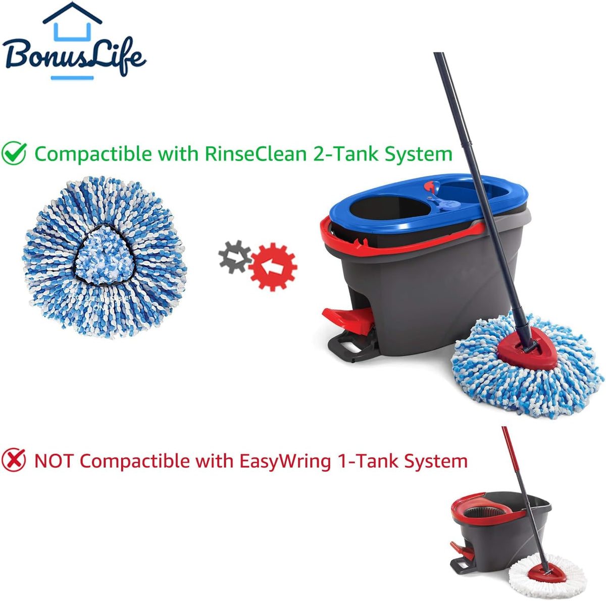 BonusLife 4-Pack Mop Head for O-Ceda RinseClea Spin Mop Refill 2-Tank System Only Easy Cleaning