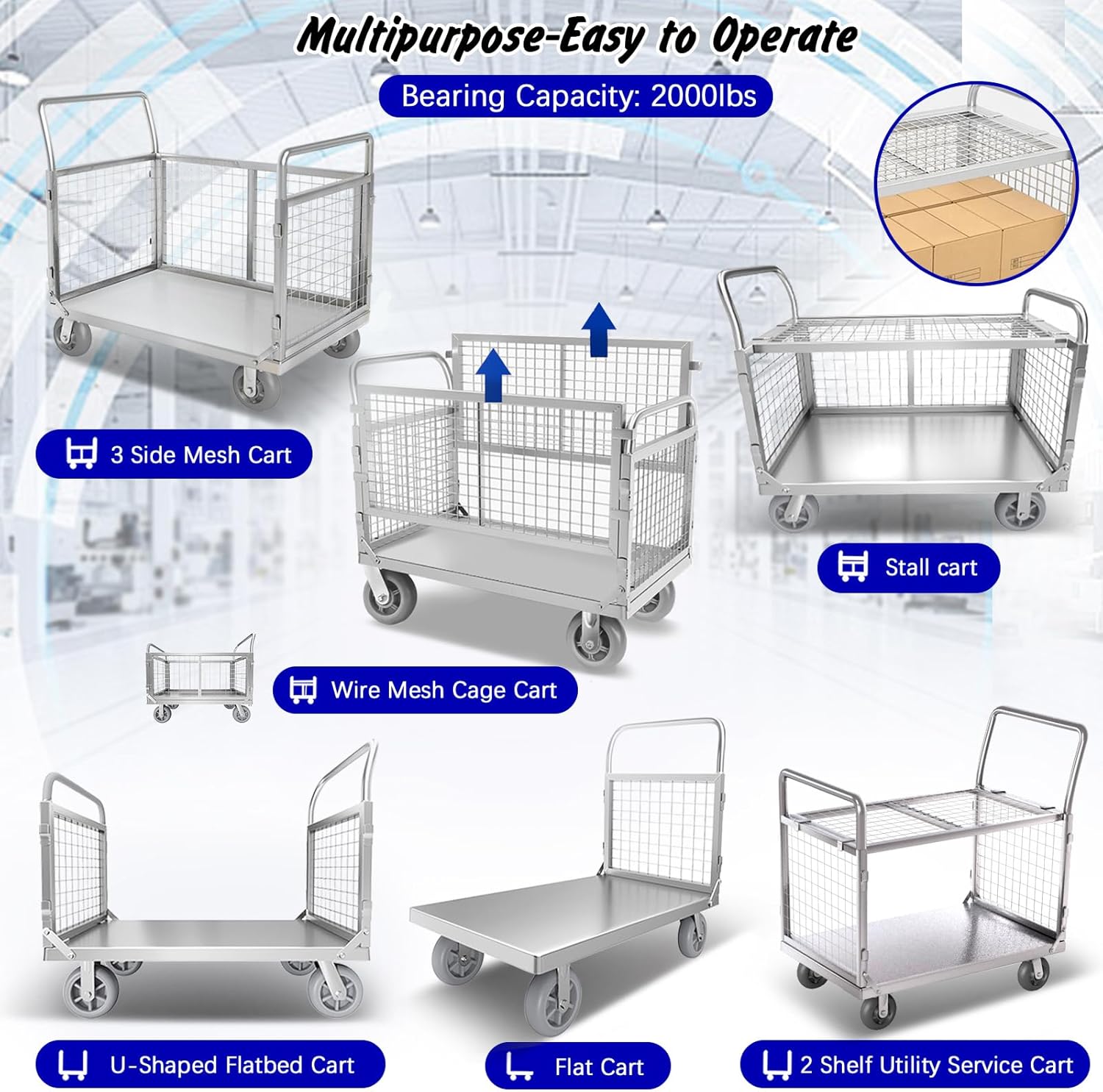 Platform Truck with Cage, 6 in1 Foldable Heavy Duty Steel Flatbed Cart, Large Utility Cart