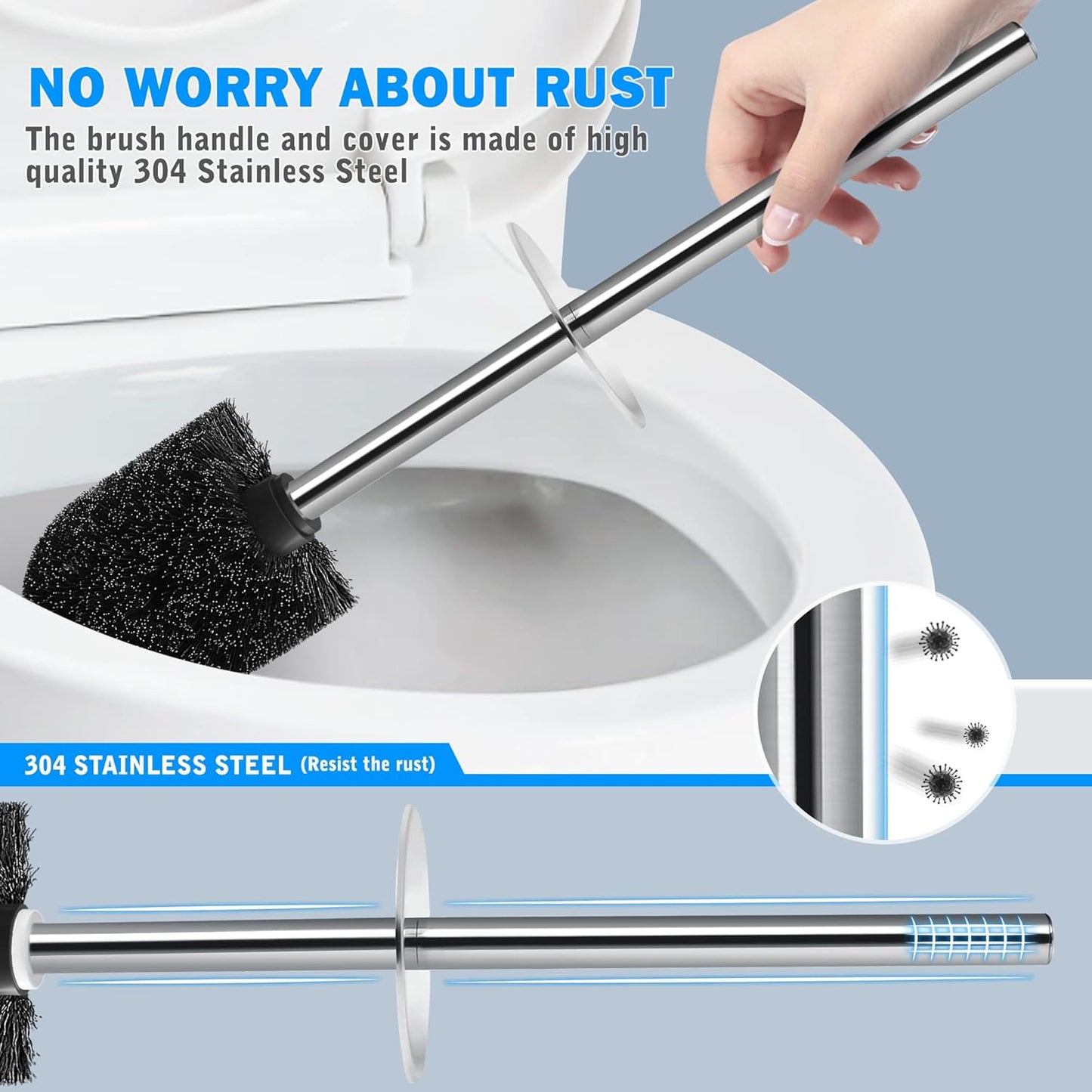 Toilet Brush and Holder, 2 Pack Toilet Brush with 304 Stainless Steel Long Handle, Toilet Bowl