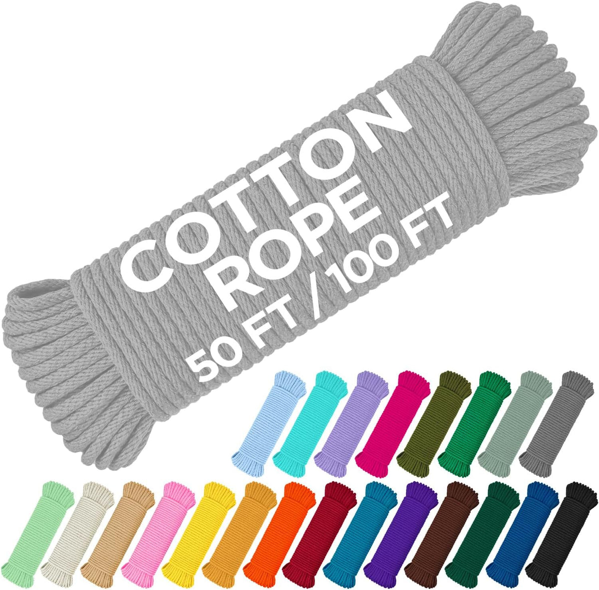 TECEUM Cotton Rope 3/16” (5 mm) – 50 FT – Strong All-Purpose Braided Rope – Natural Cotton – for
