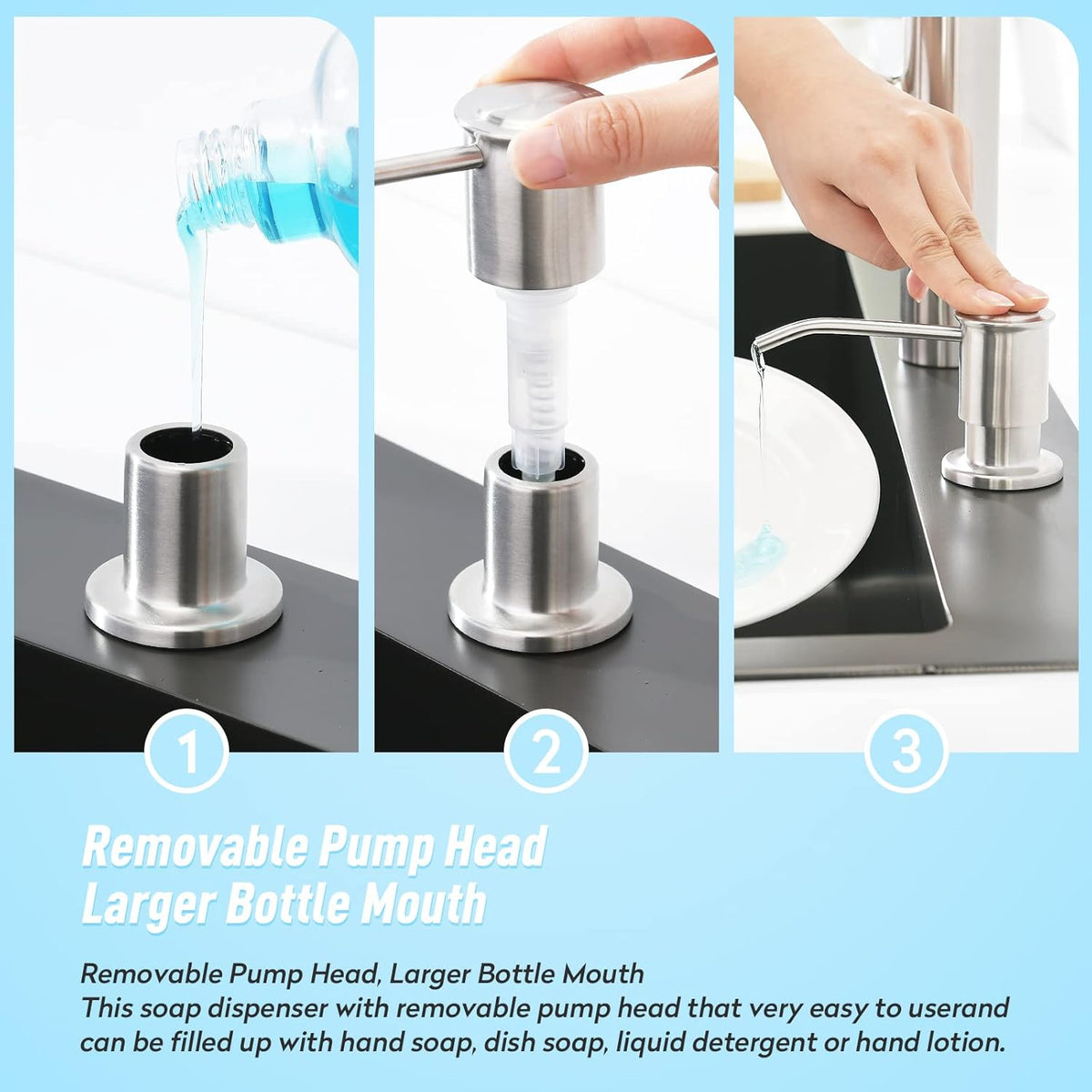 CREA Kitchen Sink Soap Dispenser Countertop for Kitchen Sink, Stainless Stee Built in Sink Soap