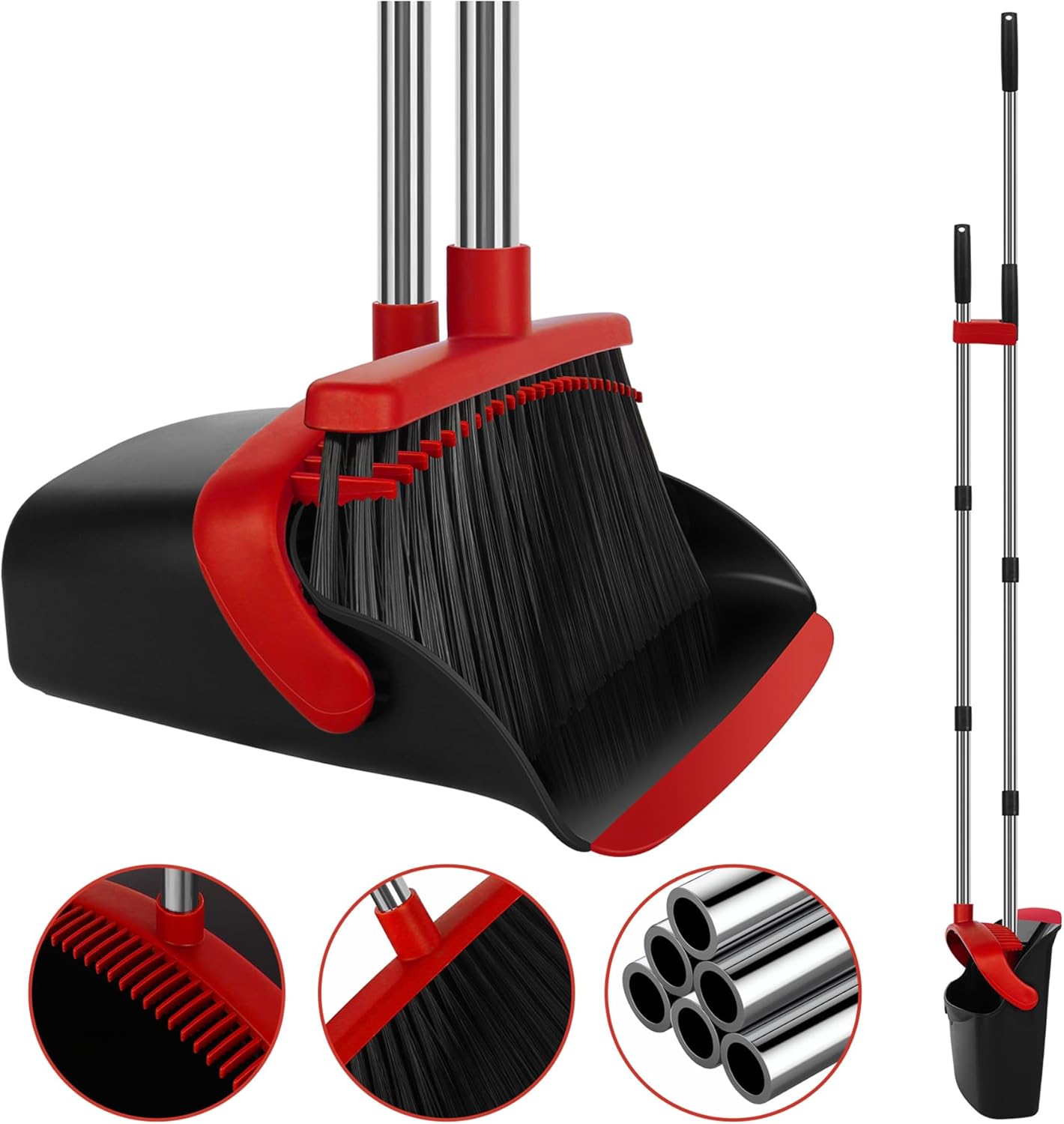Broom and Dustpan Set, Large Household Broom with Dustpan Combo Set, 55 Inch Long Handle, Red Dust