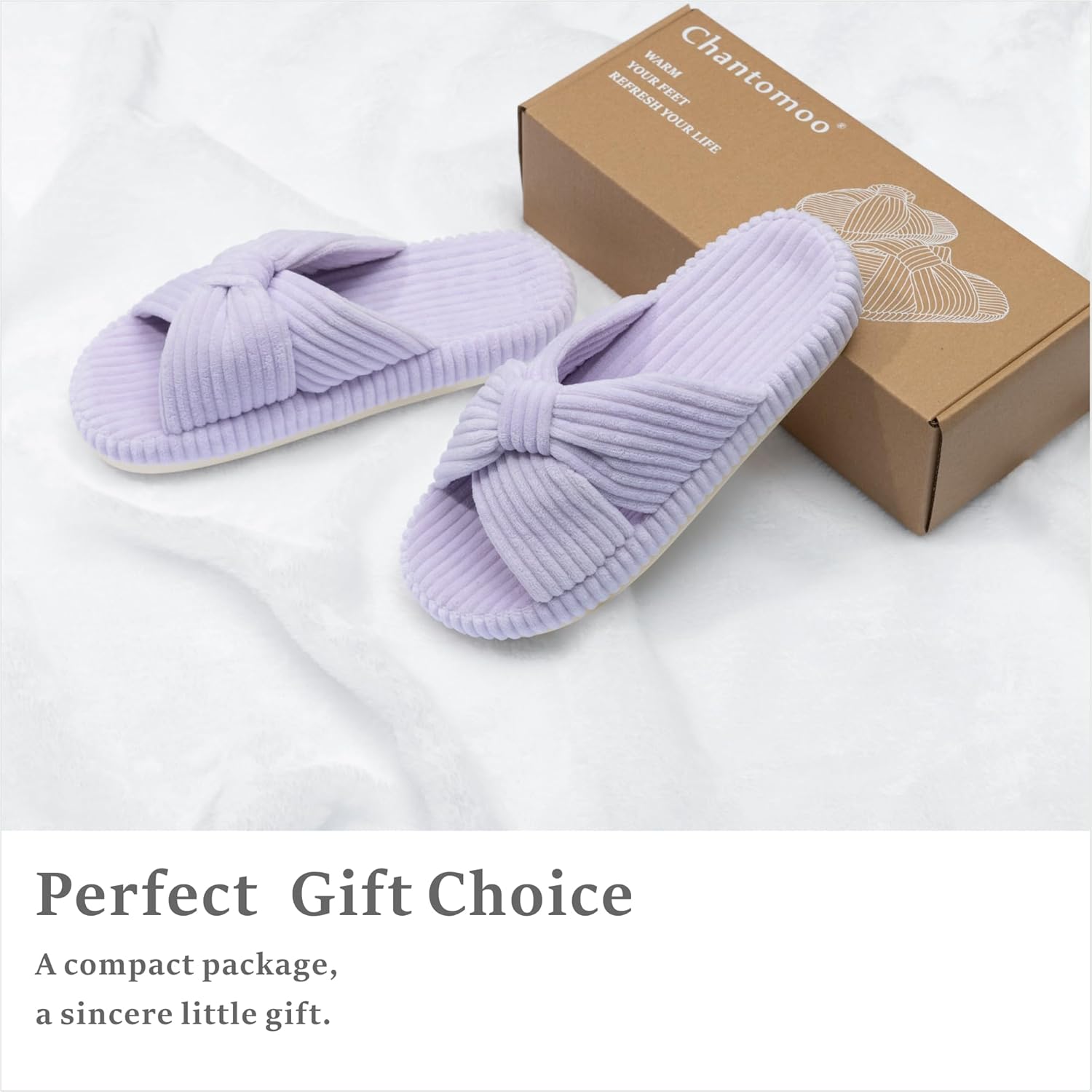 Chantomoo Slippers for Women Memory Foam House Bedroom Corduroy Bow Crossbands Slide Slipper Shoes