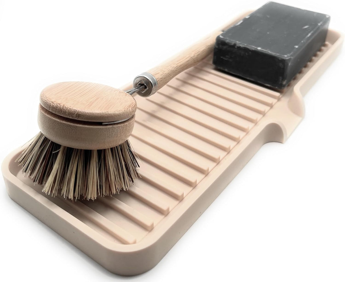 Happitasa Silicone Soap Dish Tray and Sponge Holder with Drain Chute | Bathroom and Kitchen Sink
