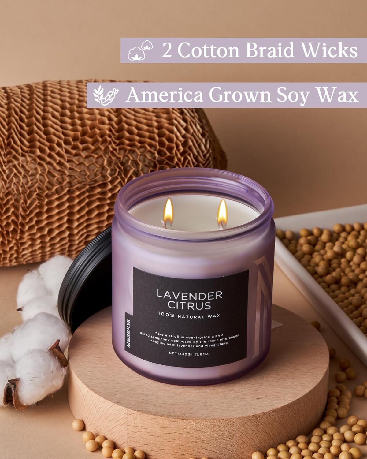 M&SENSE Soy Candles for Home Scented, 11.6oz Lavender Citrus Scent Aromatherapy 70H Burn Time