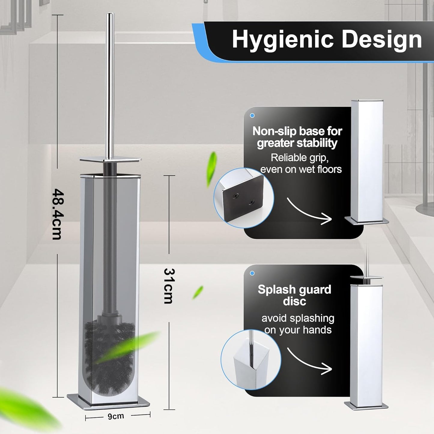 BVL Toilet Brush and Holder Set Chrome Stainless Steel 304 Square Freestanding Toilet Brush for