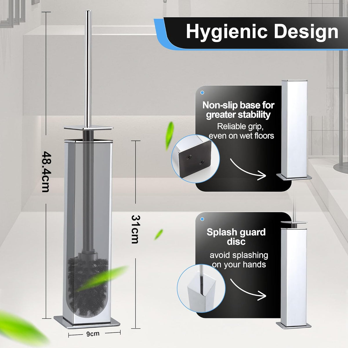BVL Toilet Brush and Holder Set Chrome Stainless Steel 304 Square Freestanding Toilet Brush for