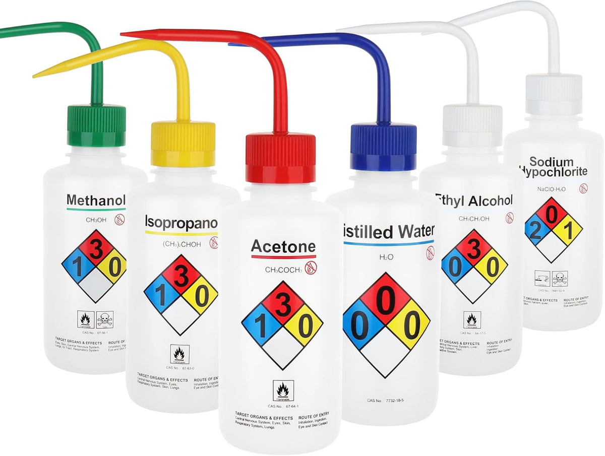 Safety Wash Bottles, Vol.500ml, 6PCS of Lab Rinse Squeeze Bottles, Printed Acetone, Ethyl Alcohol