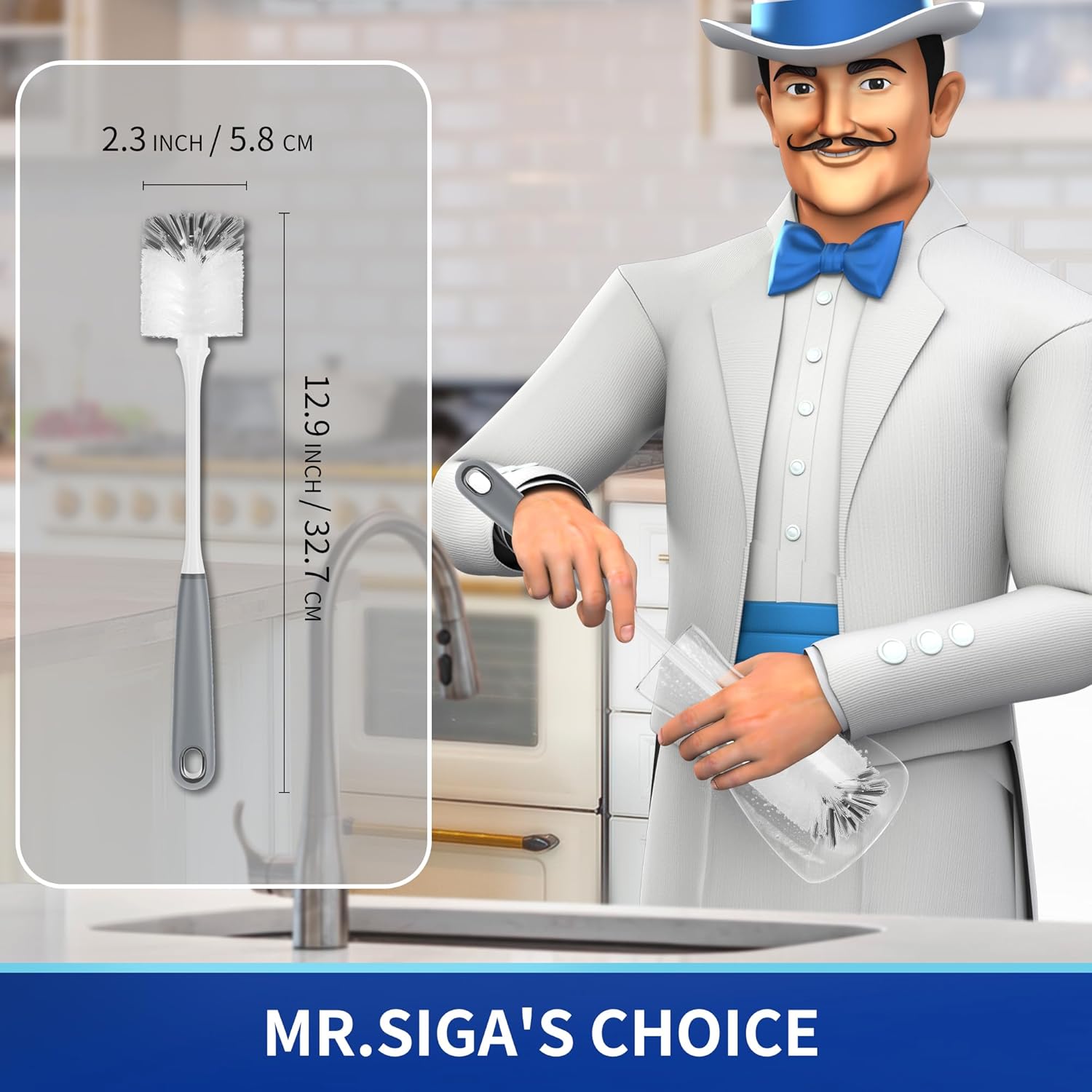 MR.SIGA Long Handle Bottle Brush, Flexible Scrub Brush for Water Bottles, Glasswares, Mugs, Gray, 2