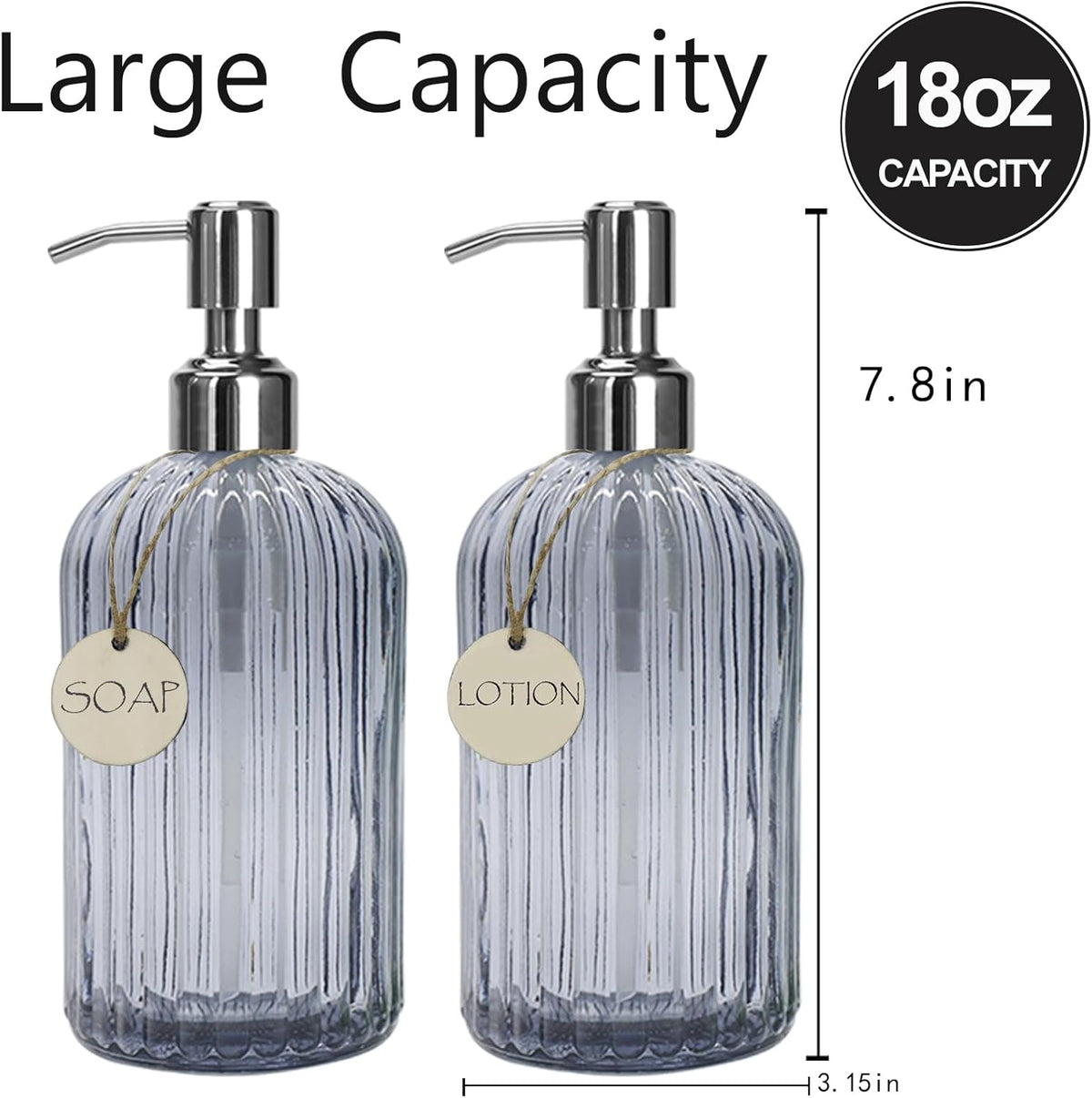 Grey Glass Soap Dispenser 18 oz, 2 Pack Hand Dish Soap Dispensers Bathroom with Stainless Steel